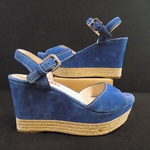 Prada 3XZ170 Blue Suede Espadrille Wedge Sandals Size 8.5 | 39 - Picture 1 of 13